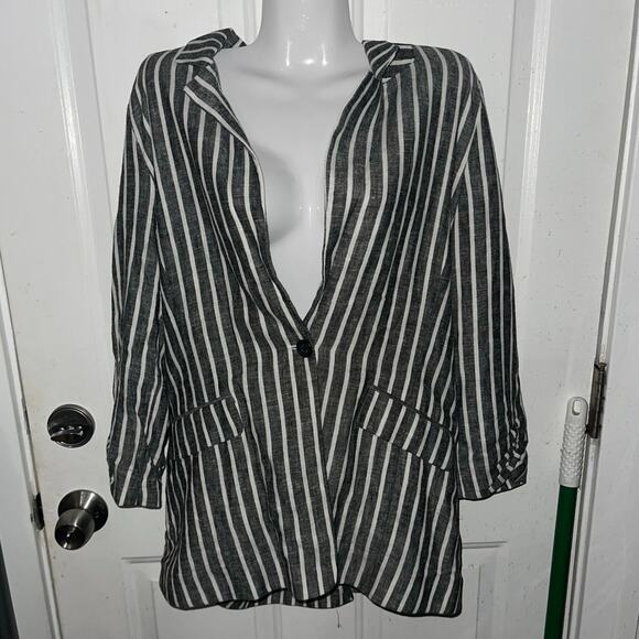 BP Women's Cinched 3/4 Sleeve Linen Blend Striped Blazer Classic Prep - Picture 4 of 4